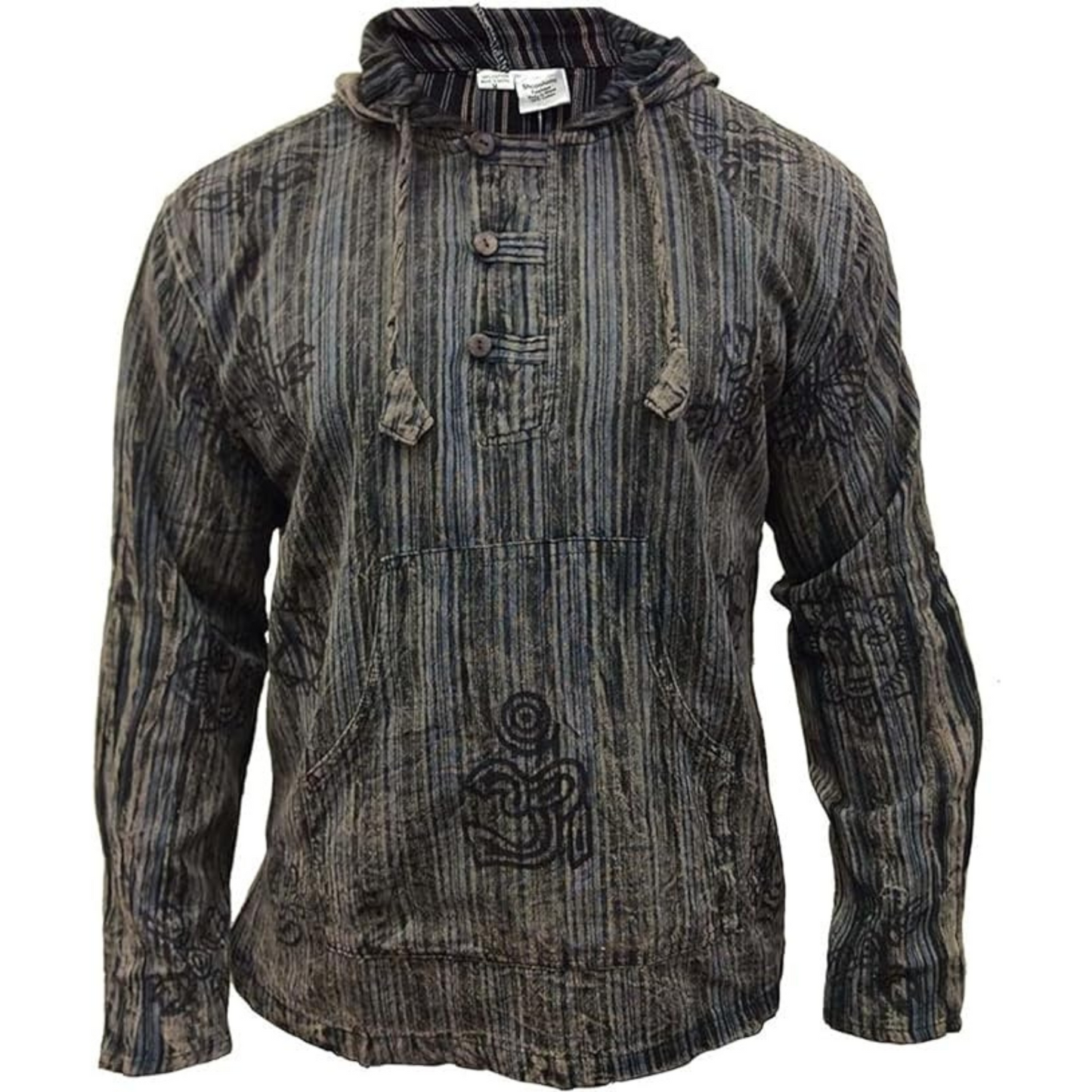 Men's Stonewashed Hippy Hooded Long Sleeve Cotton Stripe Om Print Grandad Shirt