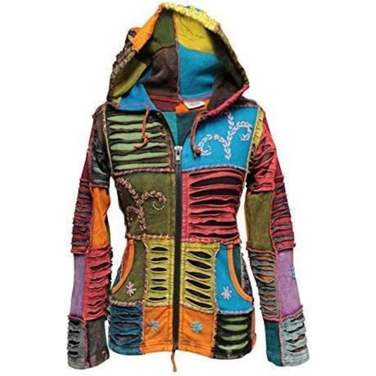 Women's Patchwork Cotton Stonewashed Boho Razor Cut Hippie Zip Up Hoodie Jacket