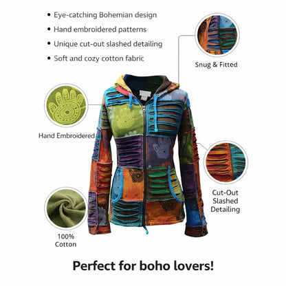 Women's Henna Hand Pixie Hippie Rib Comfort Hoodie â?? Boho Zip-Up Hoodie for Women
