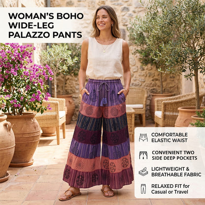 Women’s Cotton Boho Patchwork Elastic Waist Wide Drawstring Leg Palazzo Pants