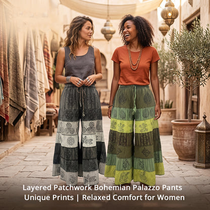 Women’s Cotton Boho Patchwork Elastic Waist Wide Drawstring Leg Palazzo Pants