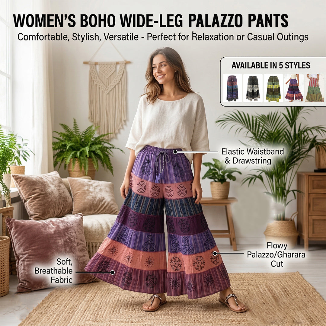 Women’s Cotton Boho Patchwork Elastic Waist Wide Drawstring Leg Palazzo Pants