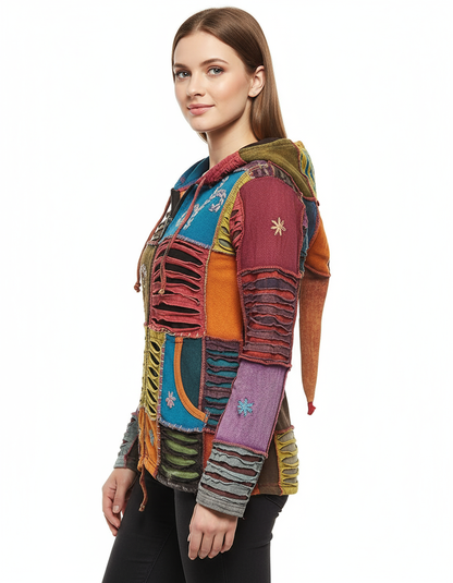 Side view of model wearing colorful boho patchwork jacket