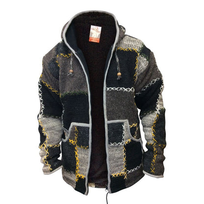 Mens Winter Patch Wool Hippie Jacket, Colourful Hoodie with 2 Pockets and Zipper