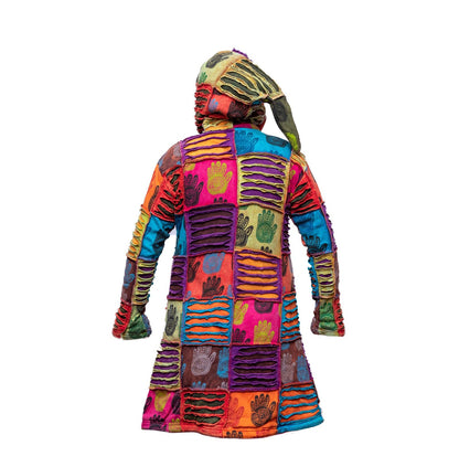 Women's Razor Cut Pixie Hooded Patchwork Henna Hand Print Full Zip Long Coat