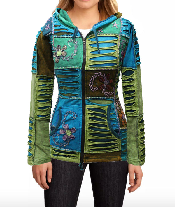 Women Flower Embroidery Razor Cut Pixie Hooded Jacket – Ezhippie